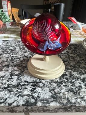 Fenton Red Glass Art Hat Sculpture with Stand